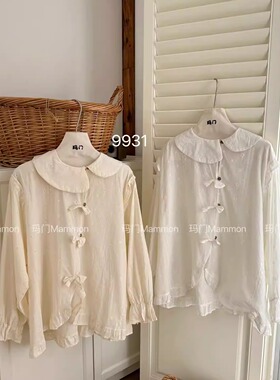 玛门2026早春森系不规则娃娃领棉布绣花蝴蝶结衬衣气质减龄显瘦