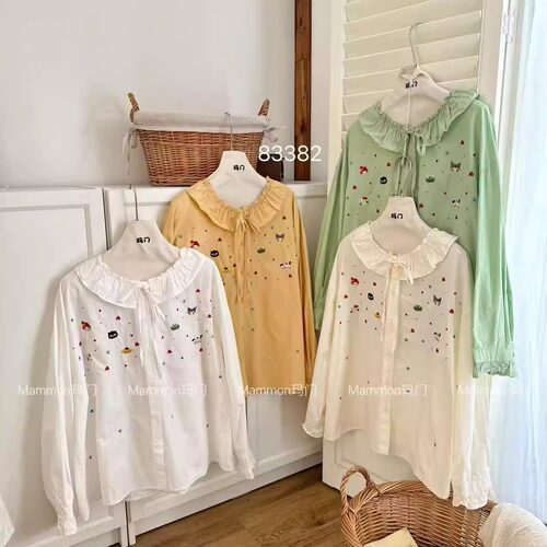 玛门早春荷叶领重工刺绣纯棉衬衣