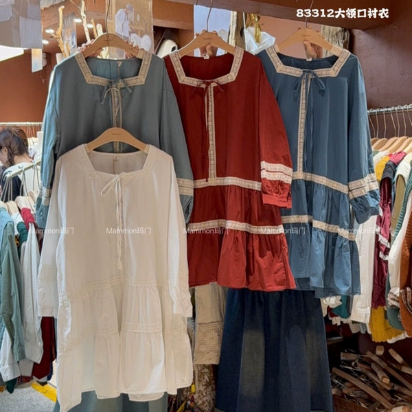 玛门2025秋季森系大码胖MM中长款大方领口系带撞色拼接长袖衬衣女