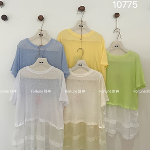 财神2026夏季 宽松凉感亲肤柔软透气 韩系圆领网纱拼接T恤女大码