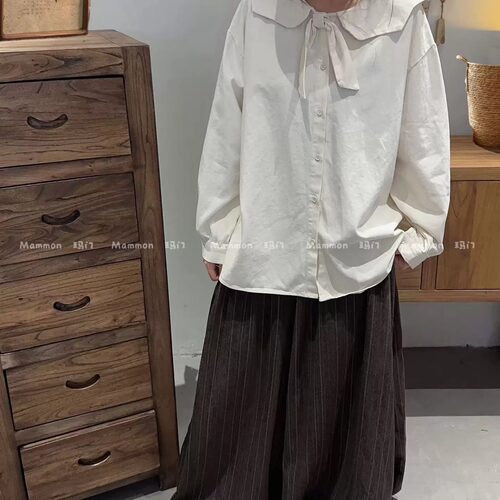 玛门日系大翻领蝴蝶结纯棉衬衣