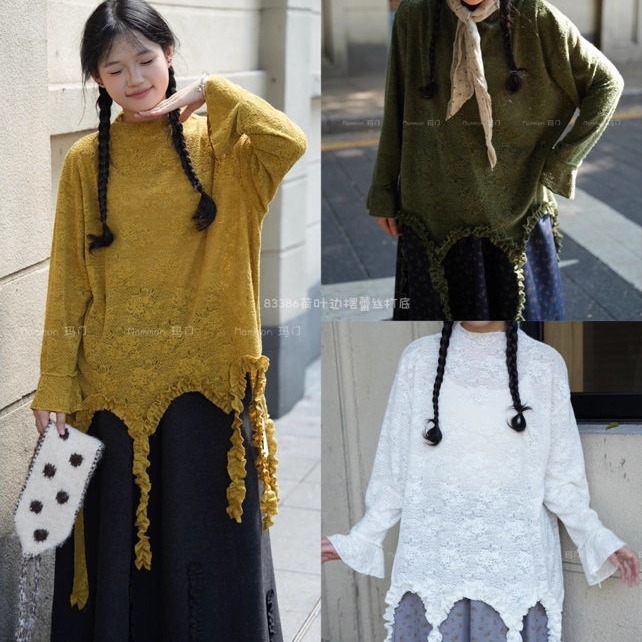 不规则设计感荷叶摆厚款蕾丝上衣