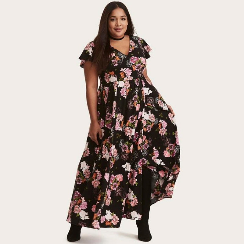 160斤170斤大码外贸女装印花V领开叉茶歇长裙短袖连衣裙胸围120