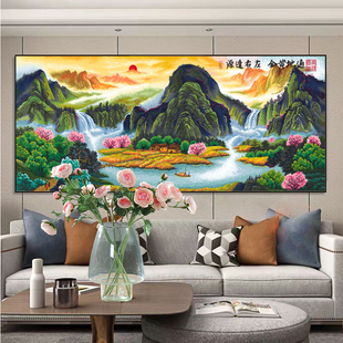 新款满绣十字绣山水风景画线绣遍地黄金左右逢源客厅书房手工刺绣