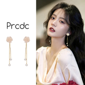 气质高级感小众精致耳饰 爆款 长款 流苏山茶花耳夹无耳洞女2026新款