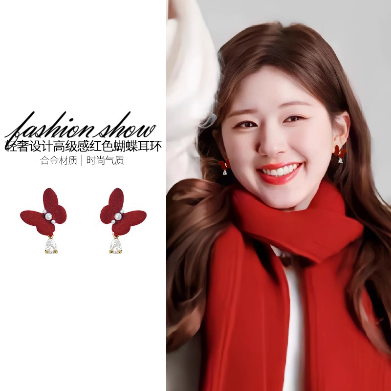 复古红色蝴蝶耳夹无耳洞女