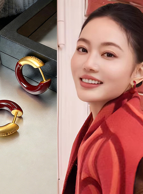 复古红色圈圈耳环耳扣新款素圈高级感本命年耳钉新年独特漂亮耳饰