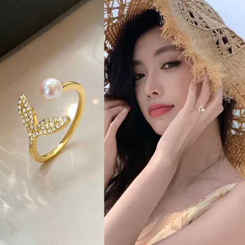 金色鱼尾珍珠款开口戒指新款