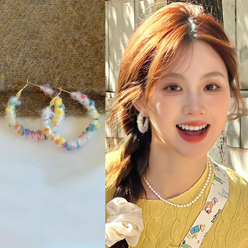 彩色毛线耳环女2025秋冬