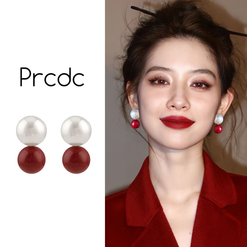 安可拉红撞色珍珠款耳夹