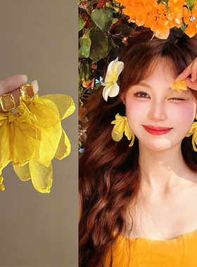 黄色适合夏天的耳钉女小众设计感精致耳环新款度假风独特漂亮耳饰