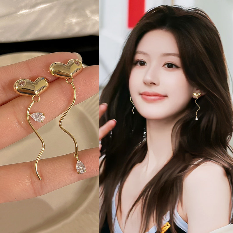 金色爱心软垫耳夹女简约气质不对称无耳洞耳环小众设计感长款耳饰