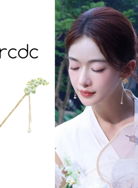 绿色花朵发簪女2025新款高级感古风汉服头饰小众设计流苏发钗发饰