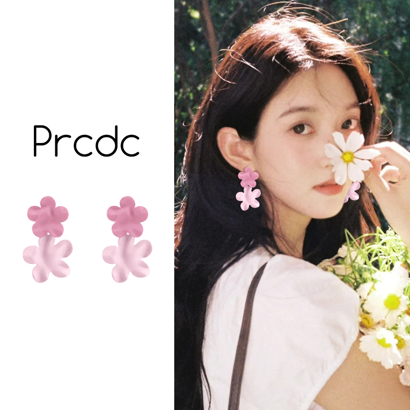 粉色撞色花朵耳环女新款
