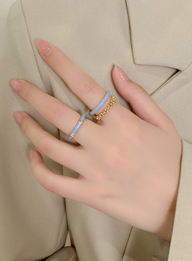 个性蓝色素圈戒指轻奢小众设计冷淡风高级感指环复古开口气质手饰