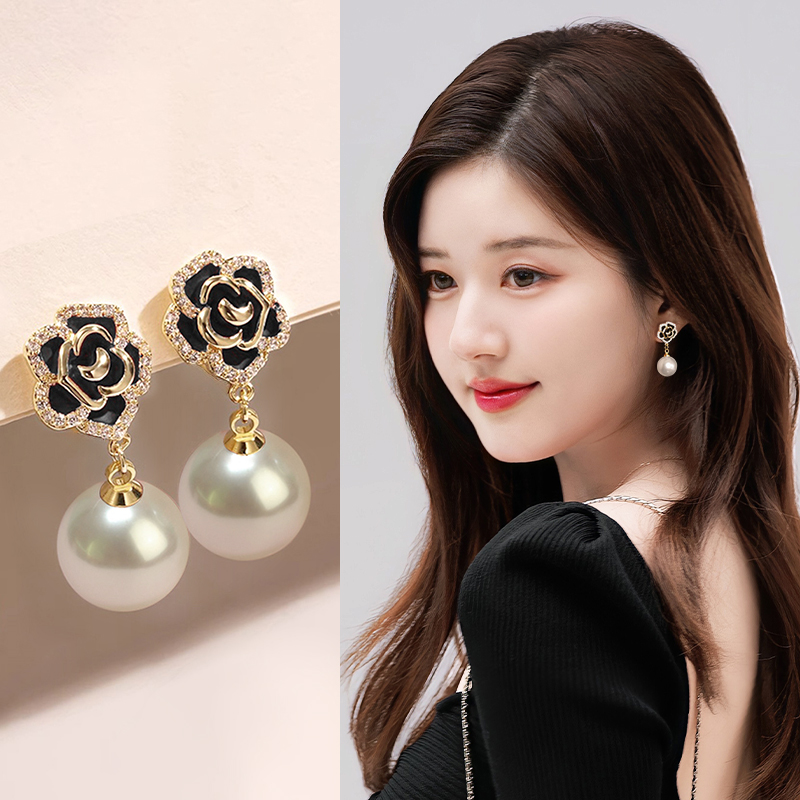 黑金玫瑰耳环女款轻奢