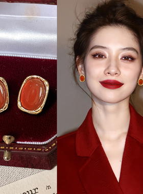 红色几何软垫耳夹新款高级感本命年无耳洞耳环艺术生绝美新年耳饰