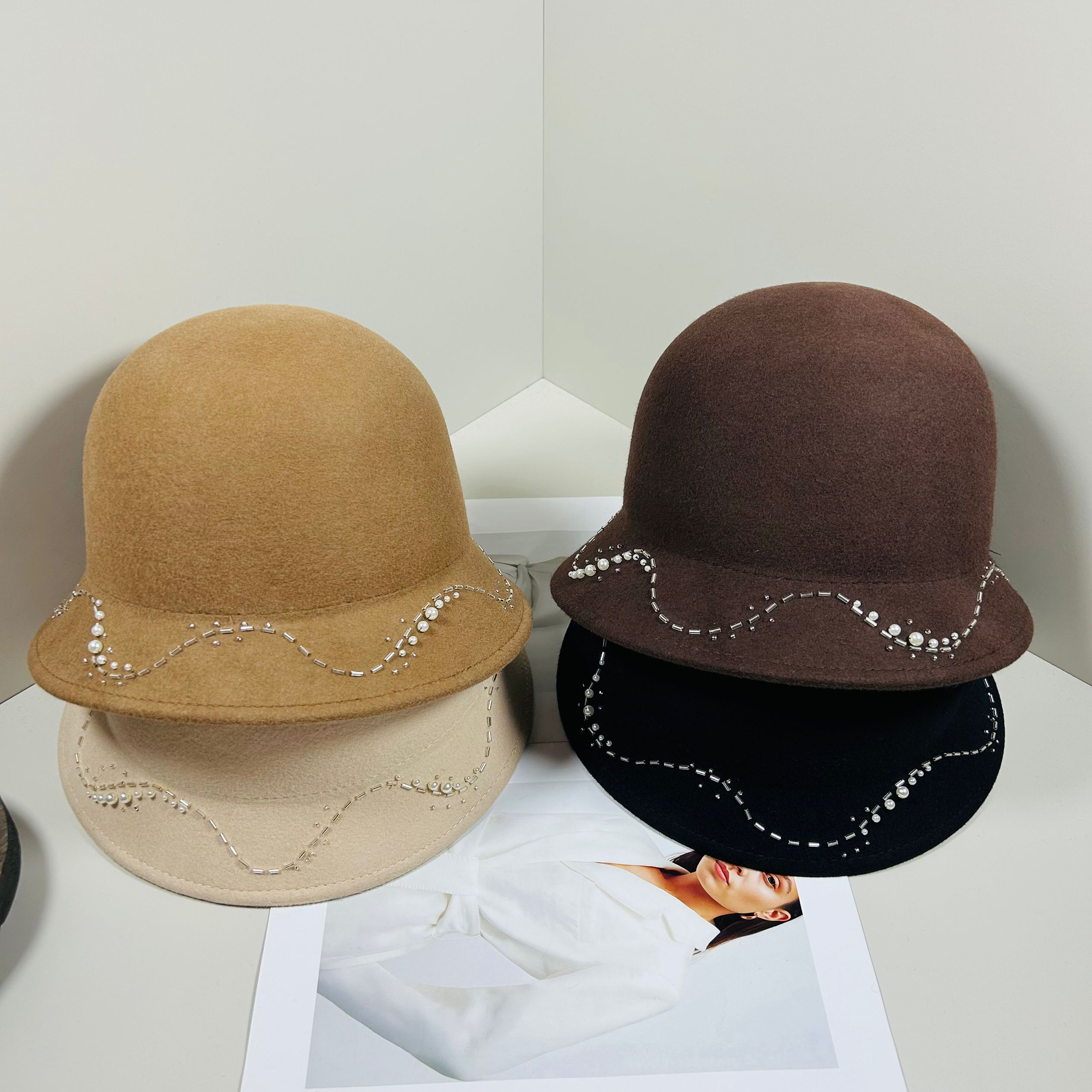 重工手缝珍珠水晶波浪线渔夫帽