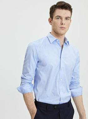蓝色衬衫男高级免熨烫商务正装纯棉DP免烫衬衣职业装长袖纯色衬衫