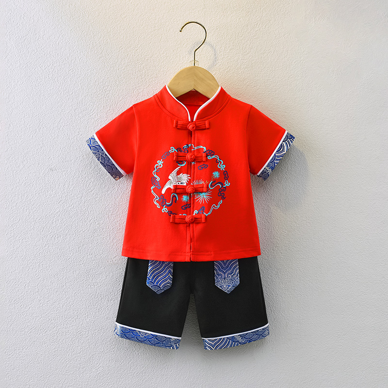 薄款夏季儿童周岁礼服红色唐装