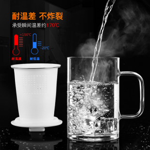 水杯带盖办公杯茶水分离马克杯 邦田耐热玻璃茶杯陶瓷过滤内胆加厚