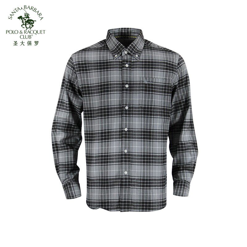 圣大保罗春秋季男款长袖方格子衬衫男士宽松大码法兰绒纯棉厚衬衣