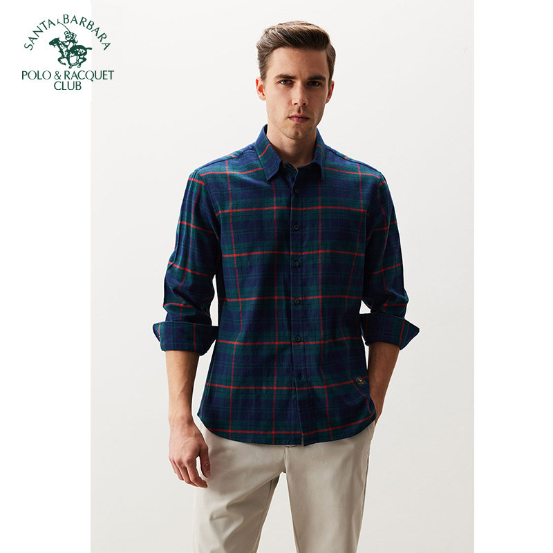 圣大保罗24新春秋季男士商务休闲衬衫纯棉舒适大格子长袖厚款衬衣