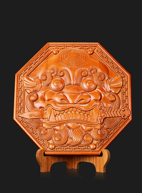 手工木雕真桃木兽首八卦镜狮子咬剑虎头狮饰八卦镜吞兽挂件