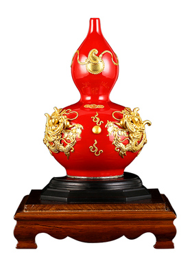 新品漆线雕龙凤陶瓷葫芦工艺品大红色装J饰品摆件客厅入户摆设商