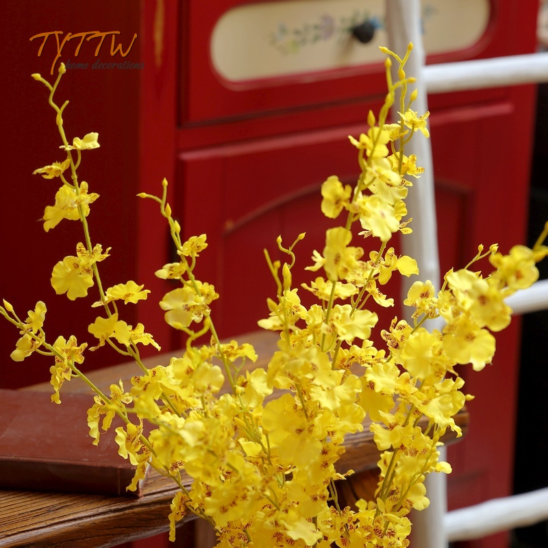 热卖 欧式高仿真长枝家居装饰花艺客厅餐桌绢花假花 黄色跳舞兰花