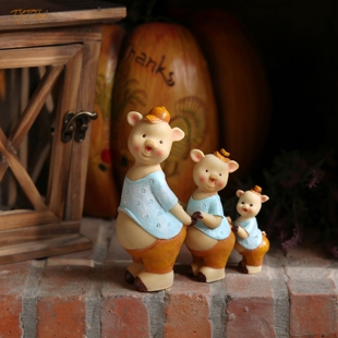 装 小猪猪一家树脂玫瑰花环款 饰摆件 乡村风格 美式