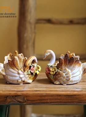 立体玫瑰天鹅陶瓷收纳笔筒花盆