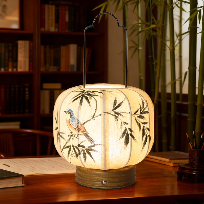 宋代美学台灯手工绘画麻布创意复古茶室书房卧室床头柜手提台灯