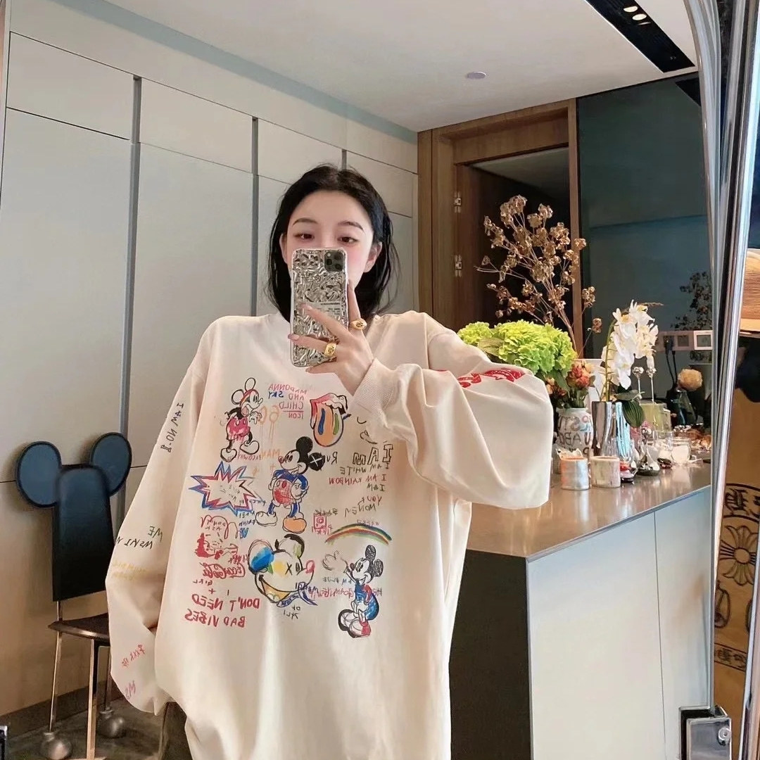 现货23春秋卡通韩国东大门满印减龄磨毛宽松大码长袖T恤打底衫女