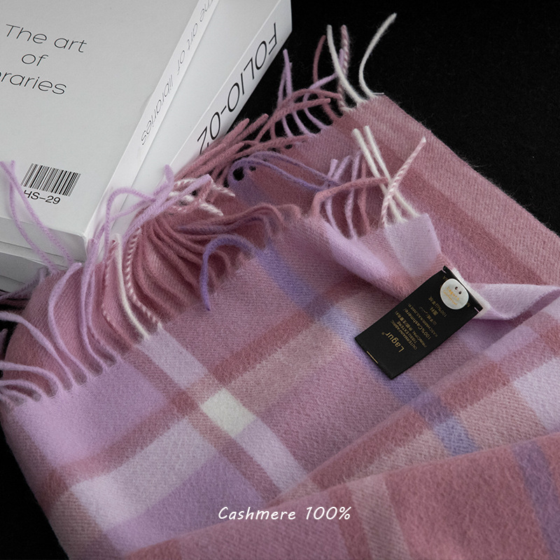 100%Cashmere浅玫粉显白英伦格子围巾女冬季双面高级感2023新款男
