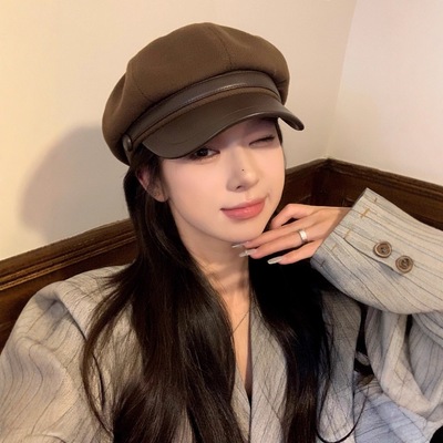 贝雷帽女秋冬显脸小皮质定型大头围韩系优雅ins画家帽鸭舌时尚