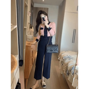 盐系轻熟两件套装女早秋季法式小香风撞色针织开衫外套高腰直筒裤