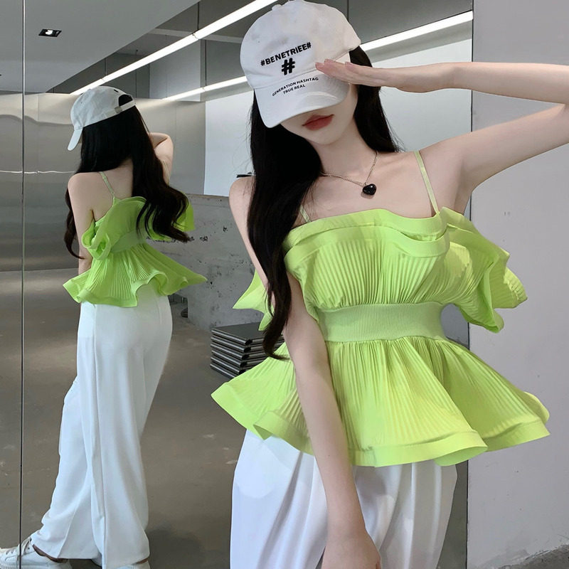 夏季多巴胺风荷叶边吊带背心女外穿绿色收腰洋气小众抹胸上衣春,女装/女士精品,背心吊带,淘宝优惠券,粉丝福利购,淘宝优惠卷