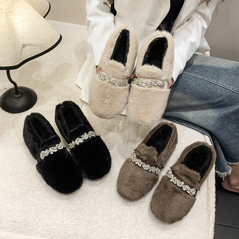 2025冬季百搭一脚蹬舒适毛毛鞋加绒保暖乐福鞋软底时尚豆豆后妈鞋