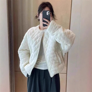 薄款棉服金丝绒棉衣外套女2025冬季新款小个子短款菱形格上衣