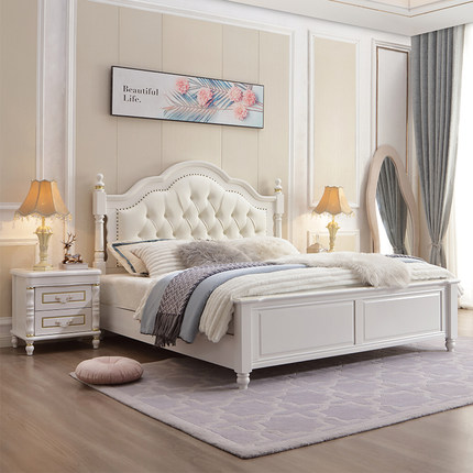 美式实木床1.8米双人床乡村欧式现代简约轻奢白色床1.5主卧高箱床