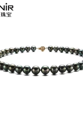 安妮珠宝 黑色经典 正圆无暇极强光9-12mm大溪地黑珍珠项链