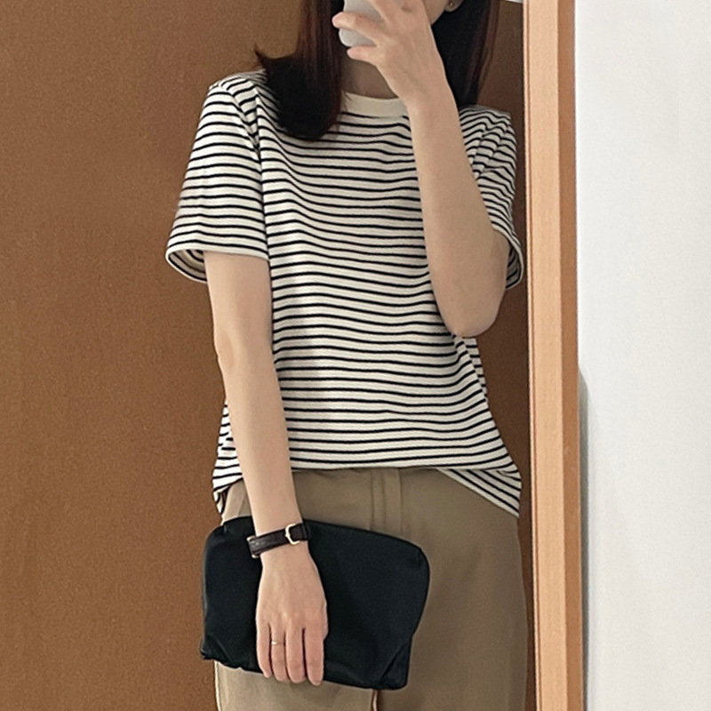 日本MJ良品条纹撞色短袖T恤女夏季纯棉正肩小个子宽松小衫女上衣