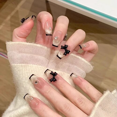 【甜妹蝴蝶】纯手工穿戴甲水光感法式猫眼可拆卸气质显白蝴蝶结