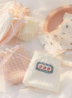 中腰100棉蝴蝶结蕾丝边草莓枕头花螺纹内裤女纯棉包臀少女三角裤