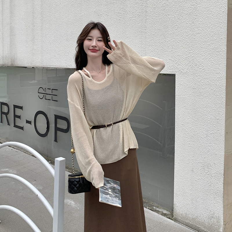 【现货】慵懒风吊带连衣裙镂空宽松两件套罩衫6005米咖P115K178，女装套装/套裙，维壹