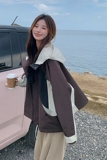 学院风撞色拼接连帽百搭女秋冬设计感夹克衫工装6036咖色P160K228，女装短外套，维壹