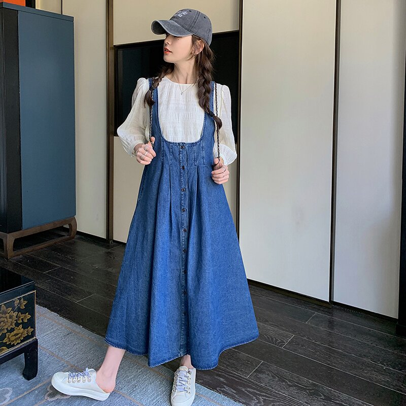 牛仔背带连衣裙女高腰a字长裙韩版收腰2025夏季新款设计感,女装连衣裙,维壹