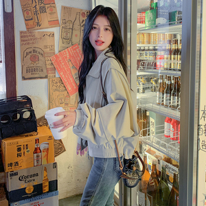 设计拼接棒球服女春秋米色立领夹克又酷又飒超好看6035P135K198图片