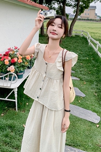 法式减龄小飞袖吊带上衣套装女2025夏季新款宽松显瘦阔腿裤两件套图片
